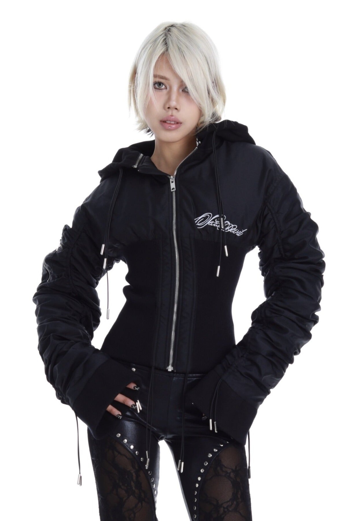 Ribbed Detachable Hood Tassel Jacket