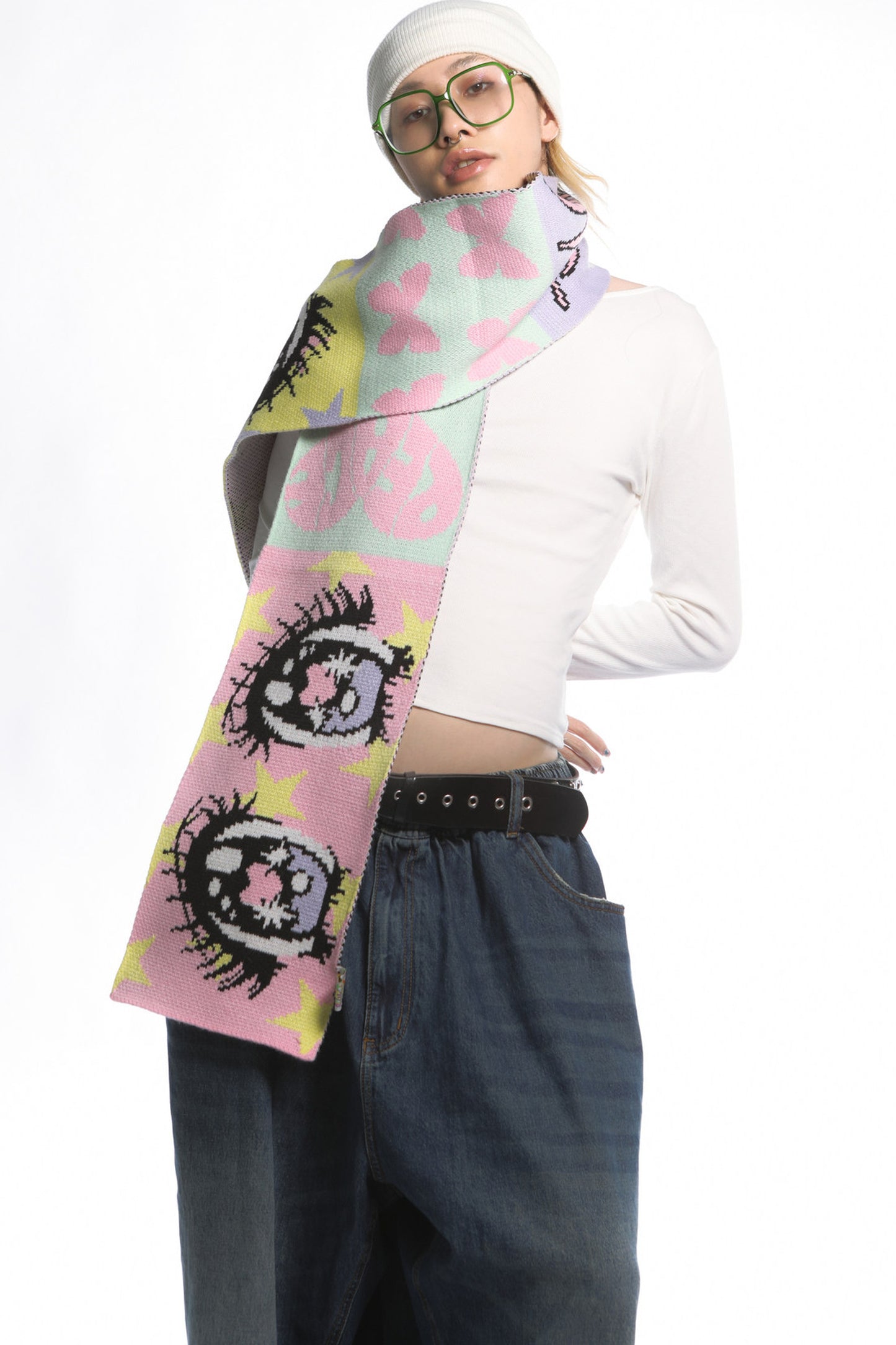 Comic Eye Knitted Long Scarf Set-Up