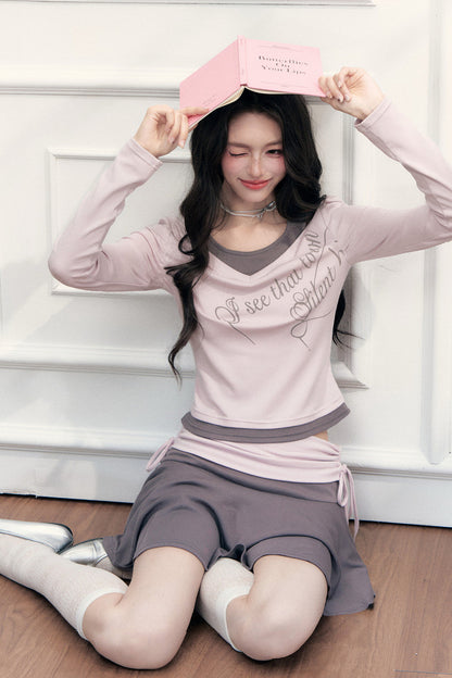 Layered-Look Letter Print Top and Skirt Set-Up