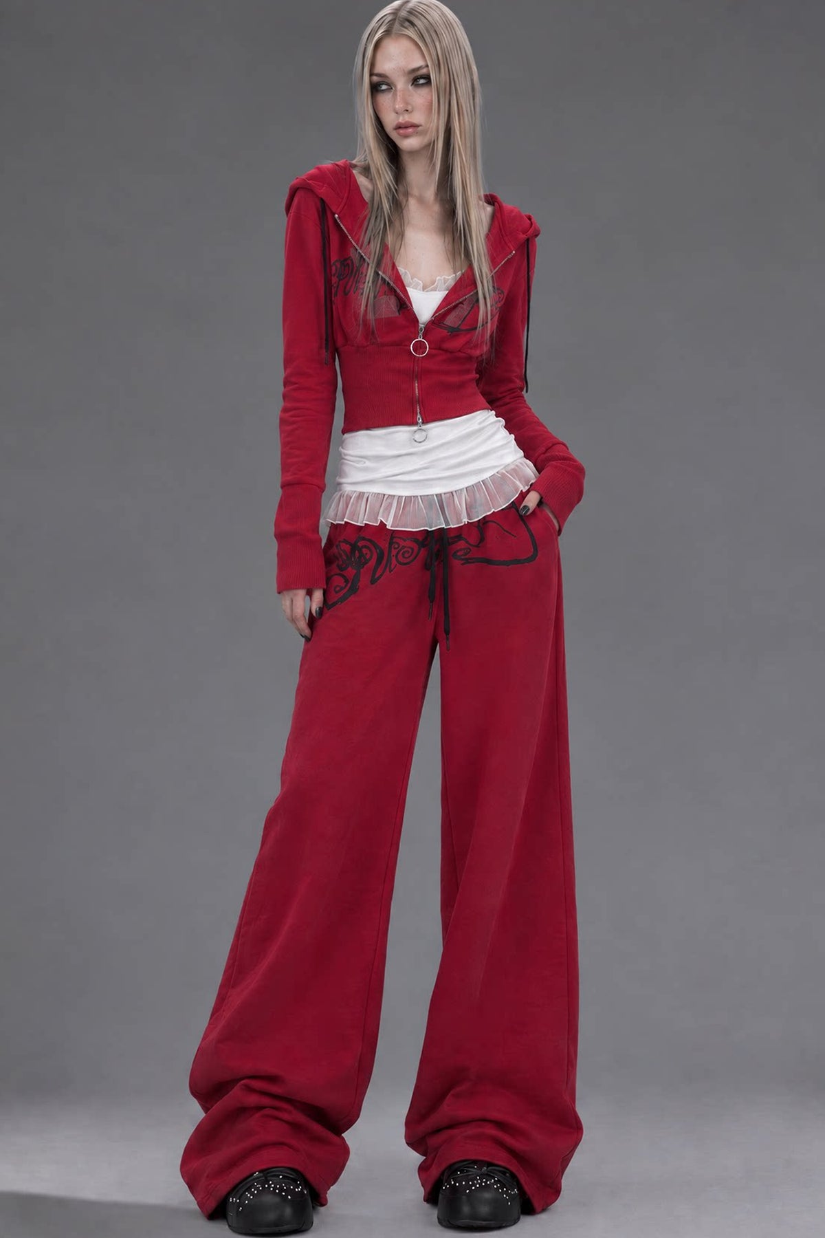 Red Zip-Up Hooded Sweatshirt and Pants Set-Up