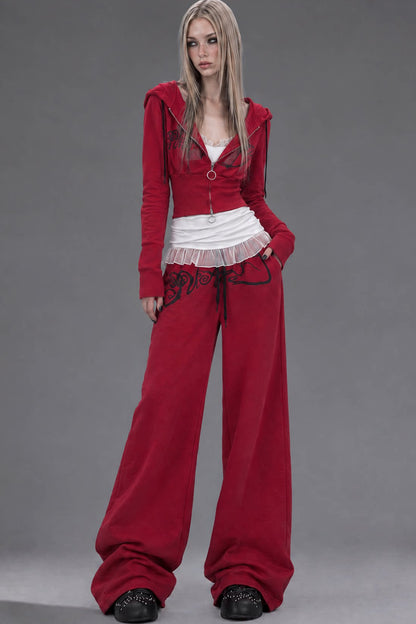 Red Zip-Up Hooded Sweatshirt and Pants Set-Up