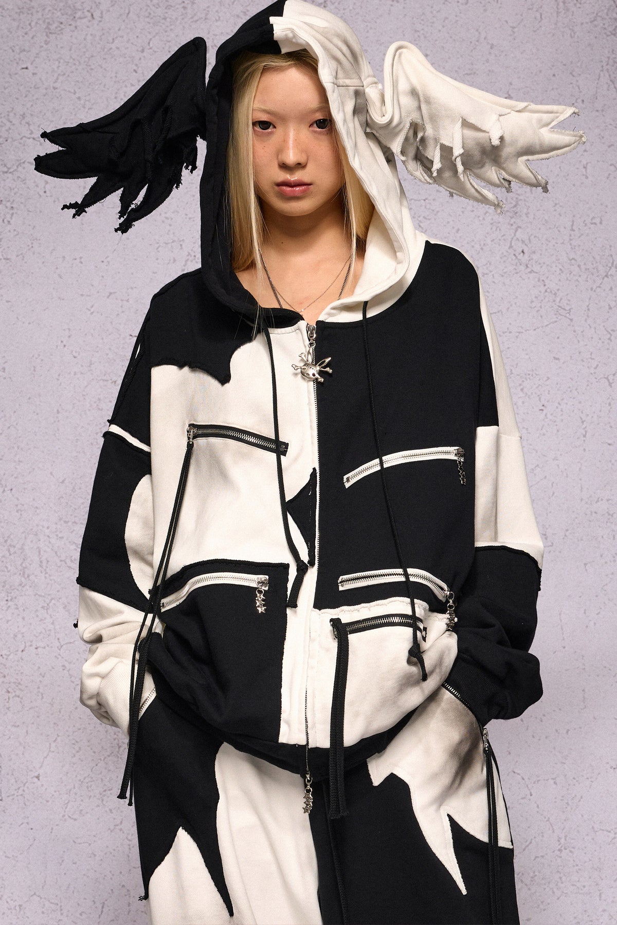 Distressed Black White Angel Zipper Hoodie