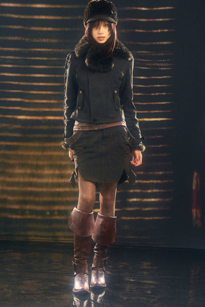 Set aus Jacke mit Used-Optik und Pelzkragen und kurzem Rock