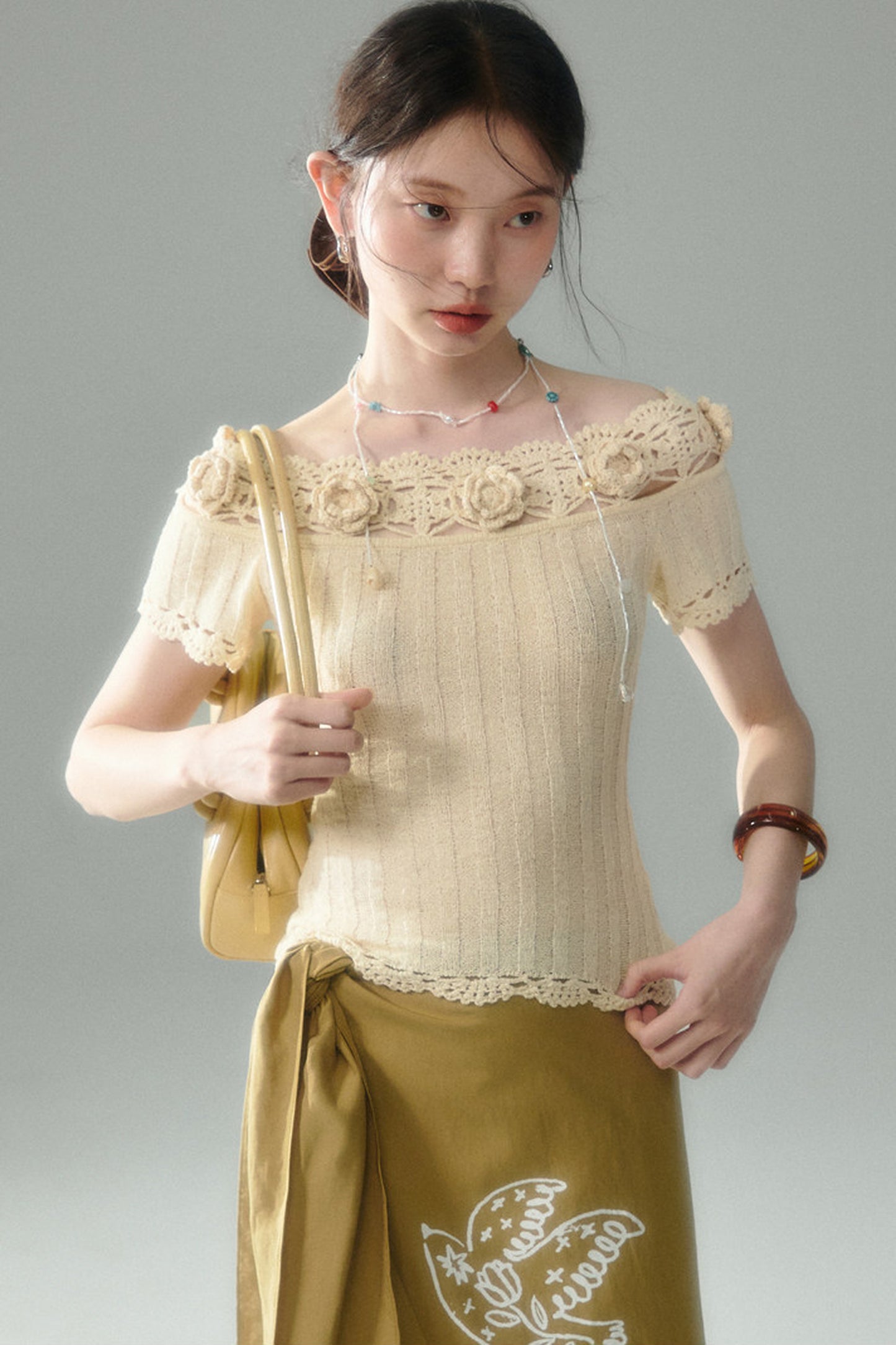 Handmade Crochet Camellia Off-Shoulder Knit Top