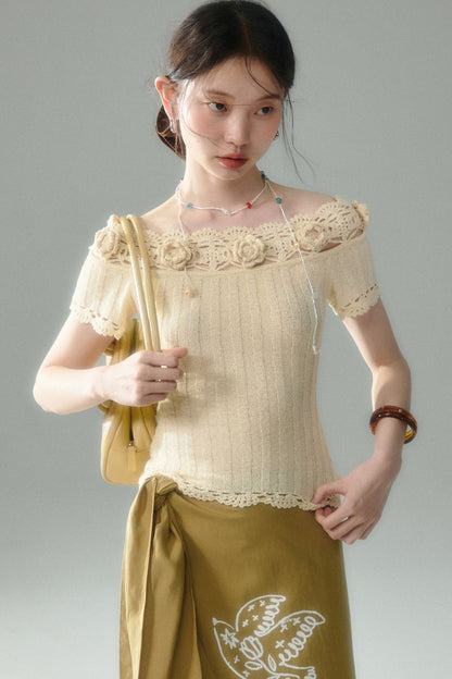 Handmade Crochet Camellia Off-Shoulder Knit Top