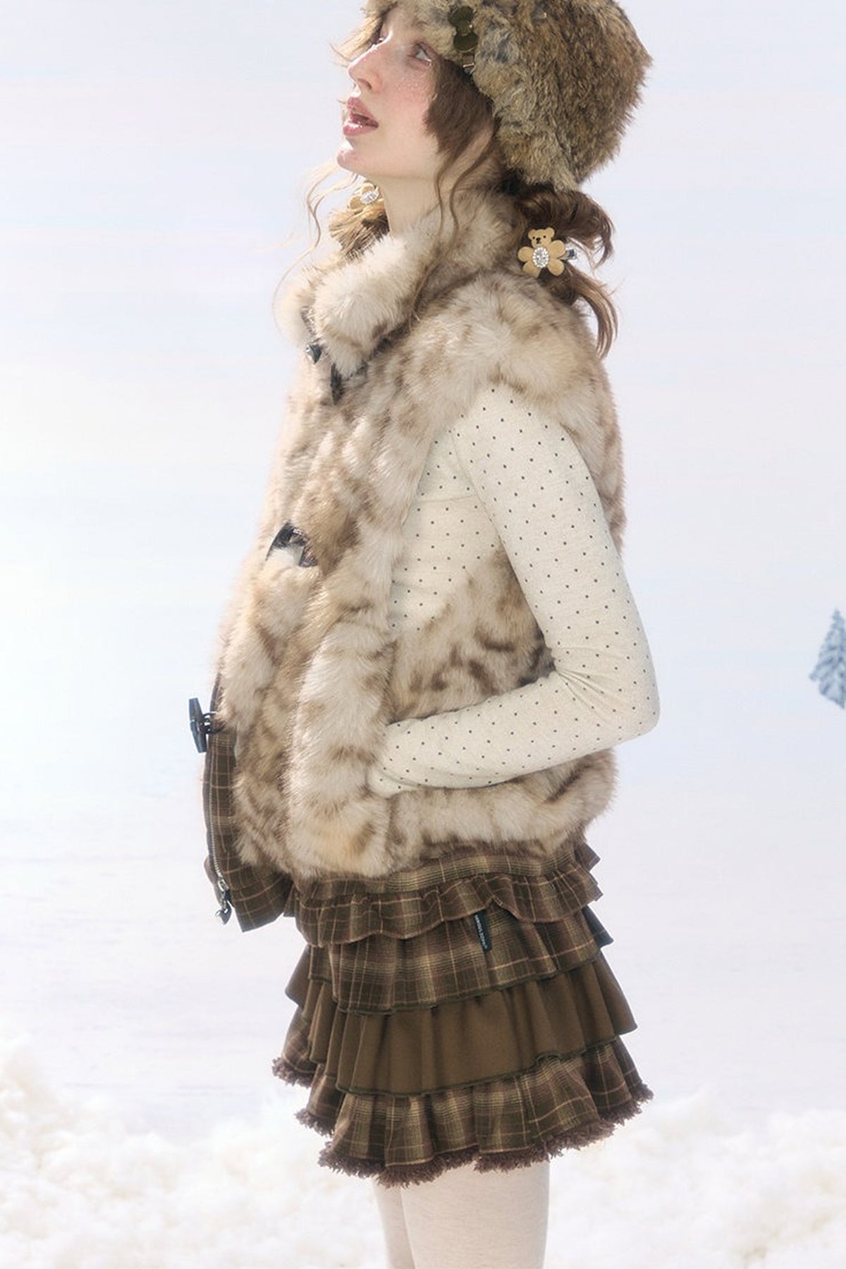 Plush Patchwork Plaid Leopard Horn Button Jacket