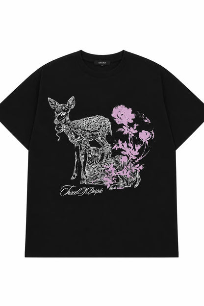 Lockeres T-Shirt mit lila Hirsch- und Blumenmuster
