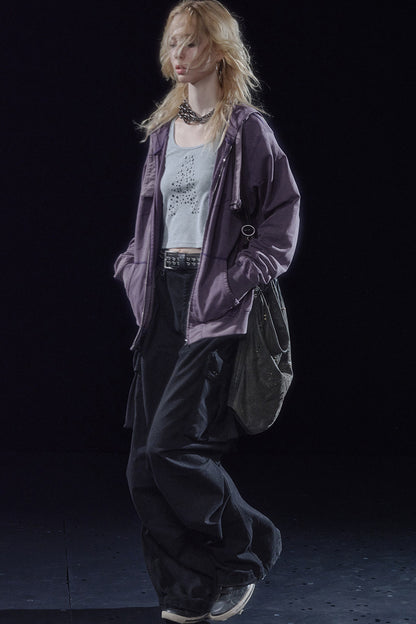 Sand-Washed Topstitched Ruched Hooded Strap Cardigan
