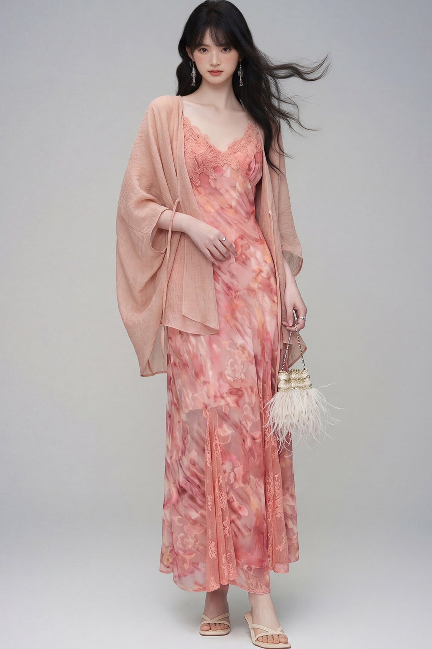Floral Lace Spaghetti Strap Dress and Cardigan Set-Up