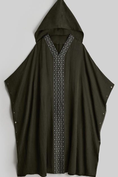 Dark Forest Green Embroidered Detachable Hood Cape