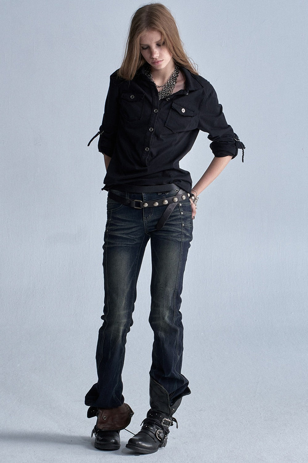 Distressed Whiskered Denim Pants