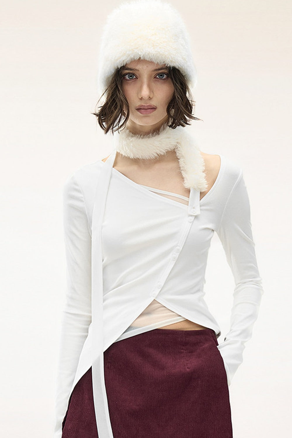 Detachable Fur Collar Irregular Placket Long-Sleeve T-Shirt