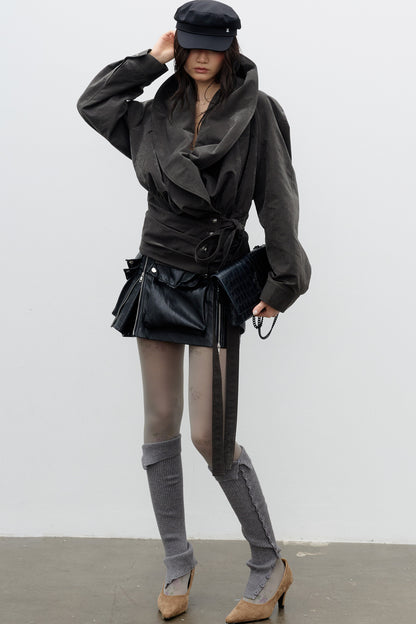 High-Waisted Belted Large Lapel Jacket