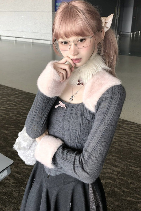 Fur Patchwork Curved Knit Top