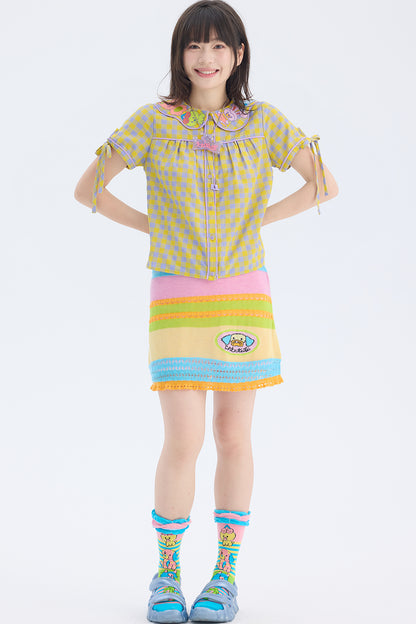 Yellow Purple Plaid Embroidered Doll Collar Shirt