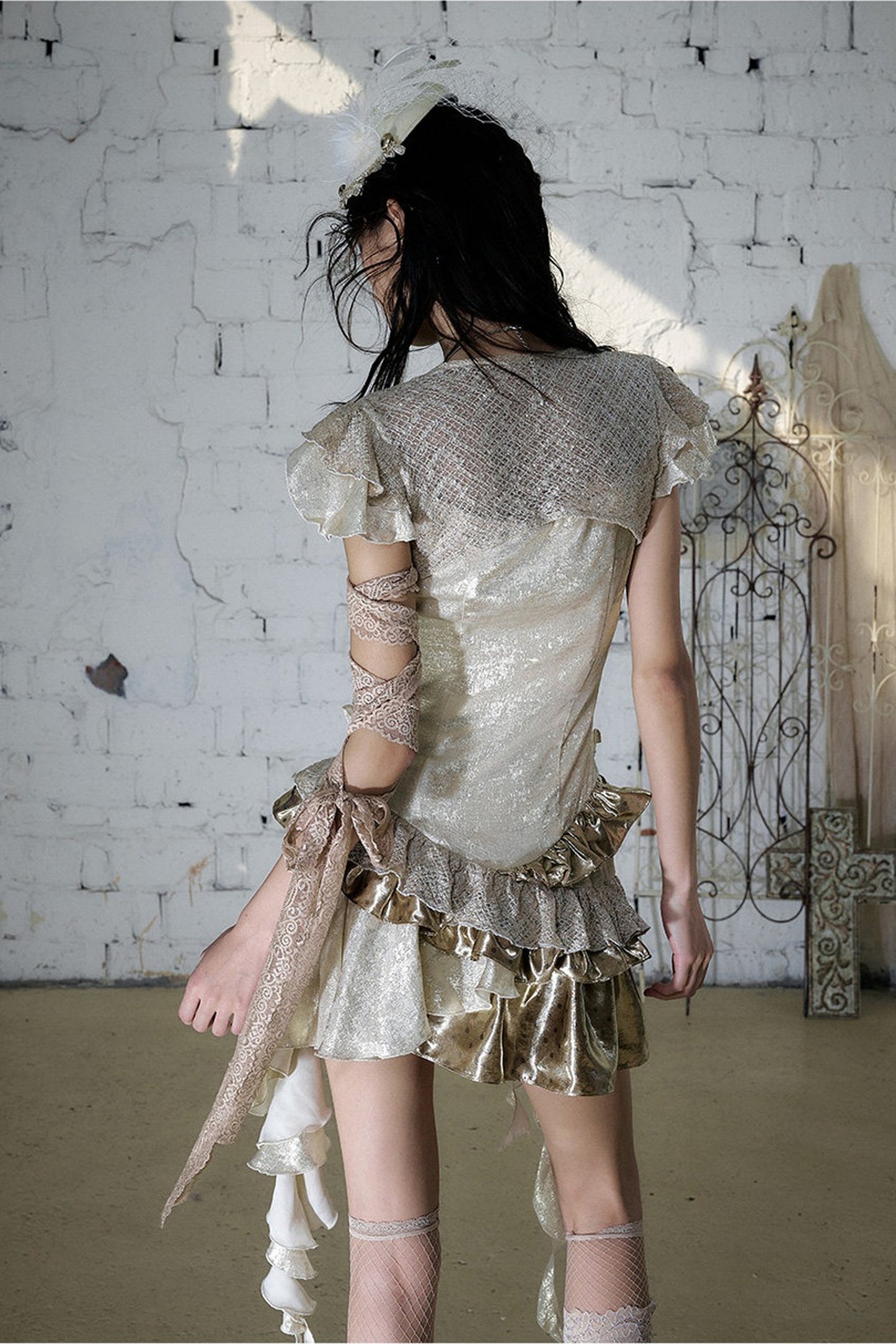 Baroque Gold Satin Ruffle Dress