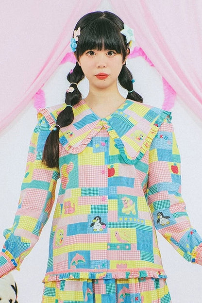 Patchwork Print Doll Collar Shirt