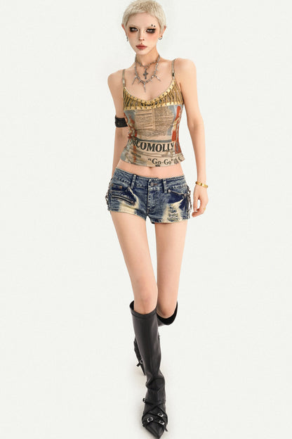 Low Rise Distressed Denim Shorts With Zipper Detail