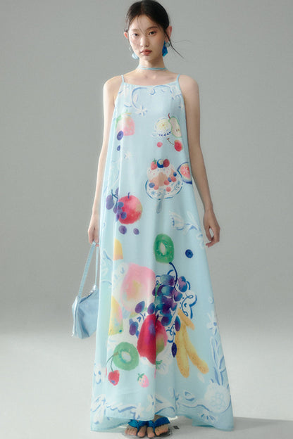 Hand-Painted Fruit Print Slip Dress