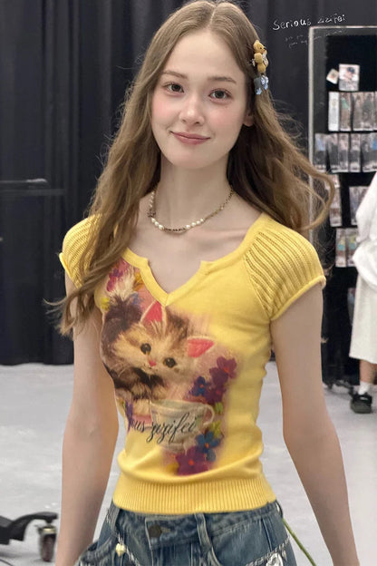 Warm Yellow Cat Print Knit T-Shirt