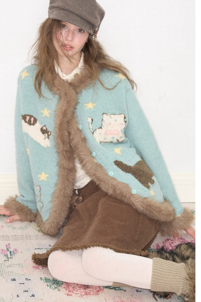 Cardigan à col en fausse fourrure avec motif de chat amusant