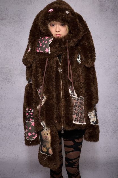 拼接兔子印花毛絨外套