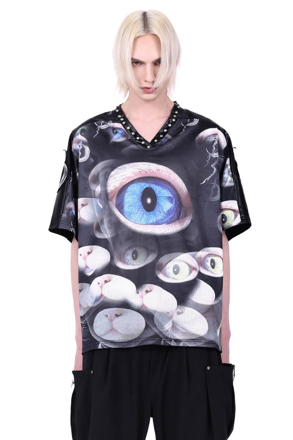 Cat Eye Patchwork Rivet V-Neck T-shirt