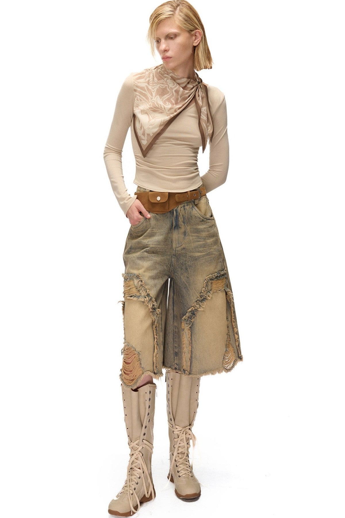 Printed Scarf Spliced Layered-Look Long-Sleeved Shirt