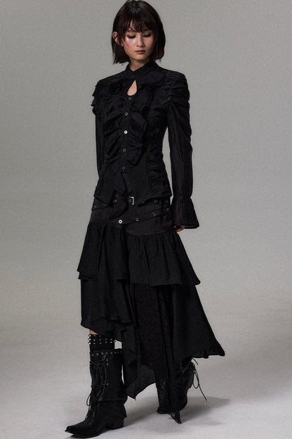 Asymmetrical Ruffle Pleated Patchwork Shirt