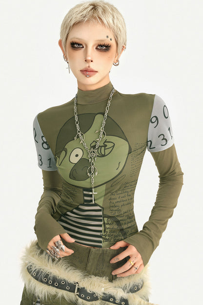 Printed Green Long-Sleeve Top and Skirt Set-Up