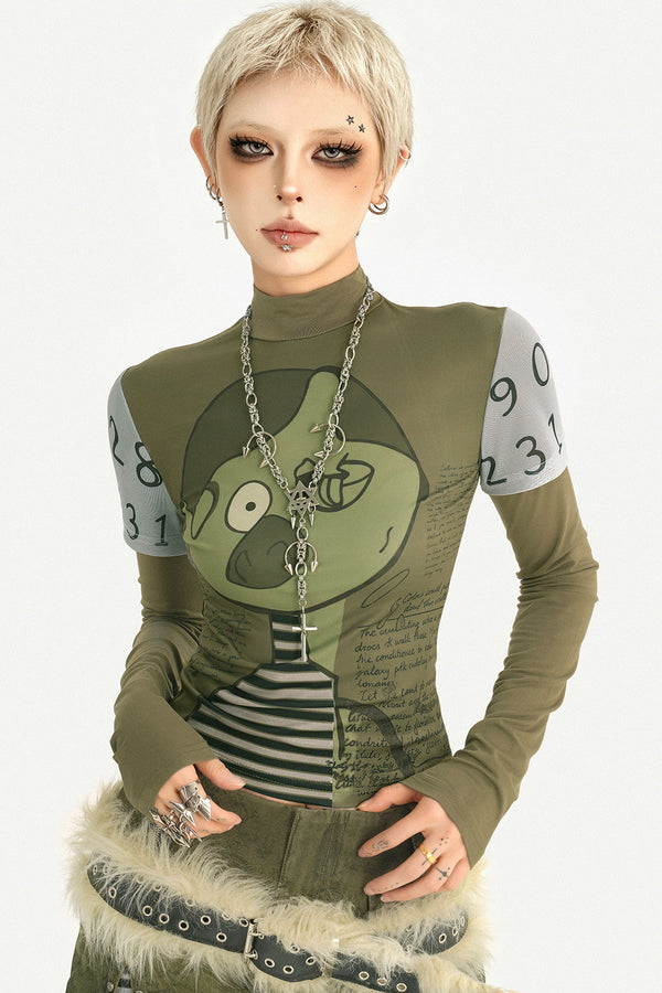Printed Green Long-Sleeve Top and Skirt Set-Up