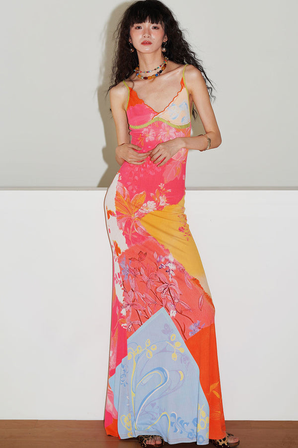 Chinese Print Lace Slip Dress