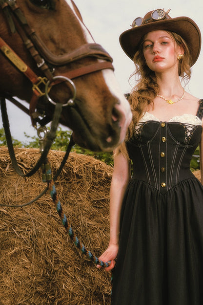 Dark Blue Denim Fishbone Strap Dress