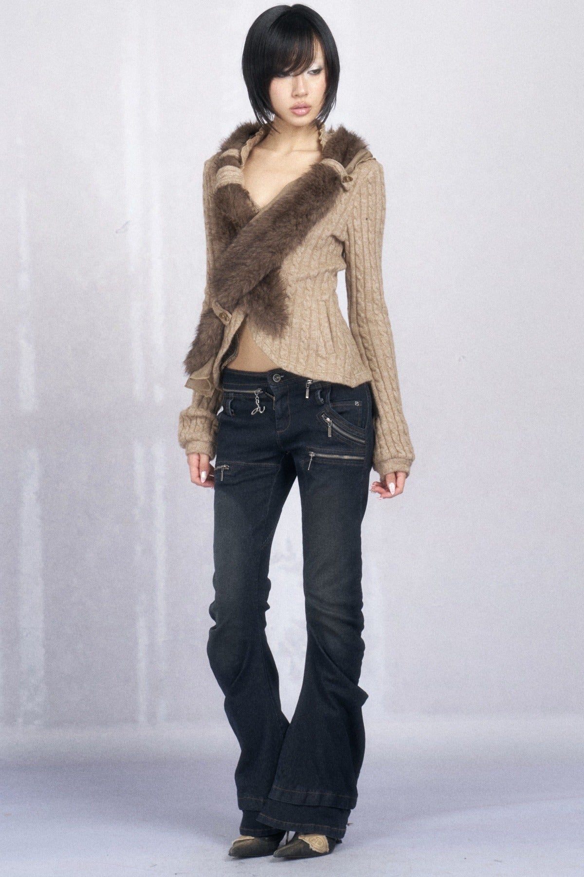 3D Asymmetric Cross-Over Detachable Fur Collar Cardigan