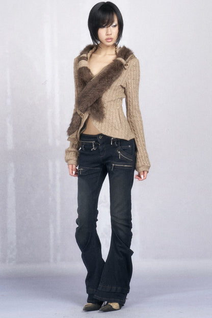 3D Asymmetric Cross-Over Detachable Fur Collar Cardigan