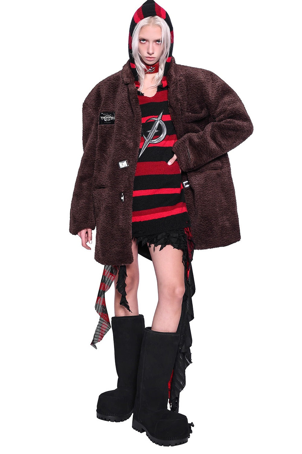 Red Black Striped Embroidered Hoodie