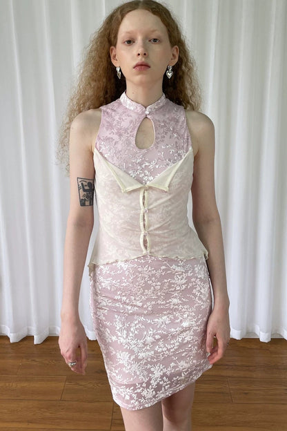 Abito Cheongsam rosa vintage in pizzo