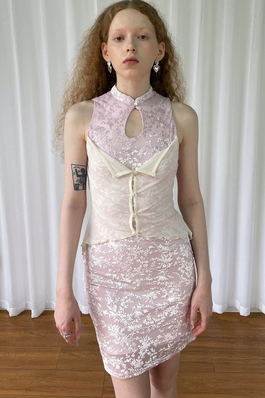 Pink Vintage Lace Cheongsam Dress