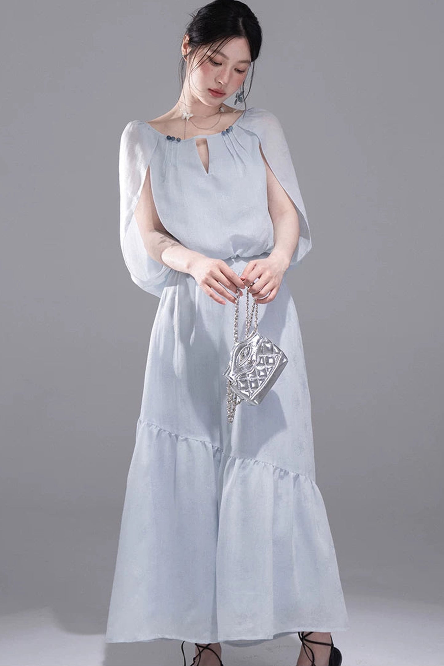 Elegant Ice Blue Linen Cape Set