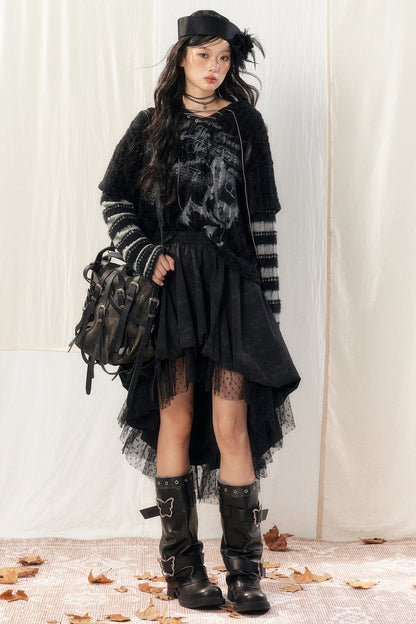 Black Asymmetrical Lace Splicing Polka Dot Skirt