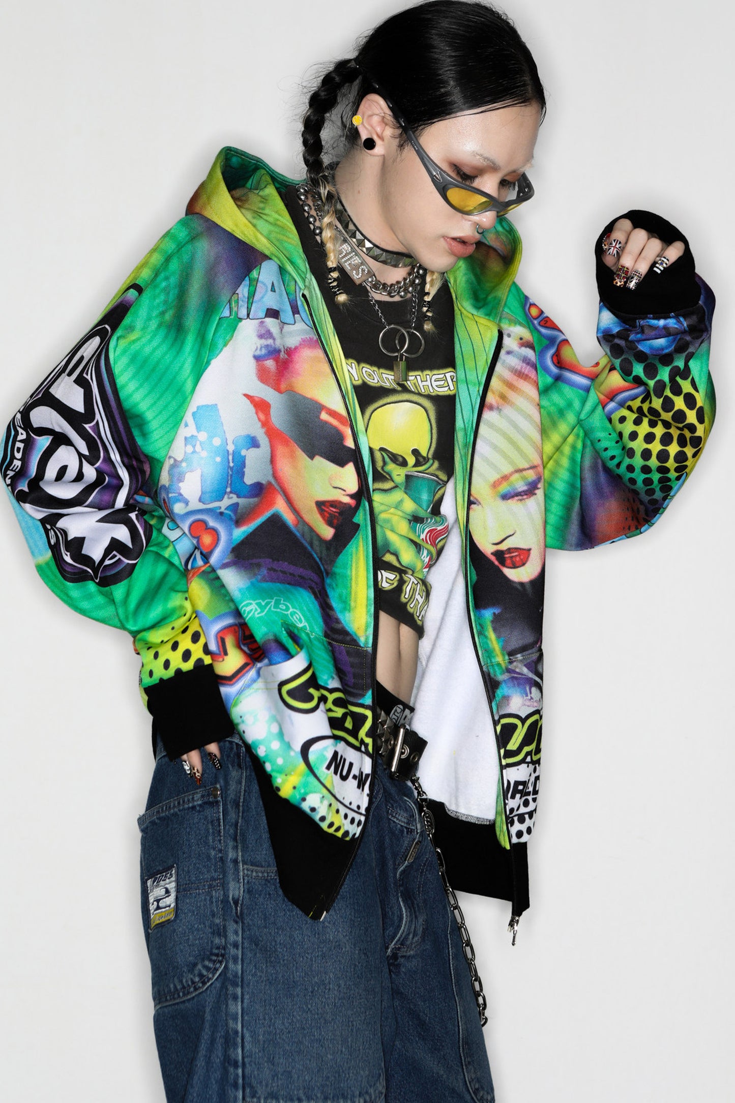 Y2K Alien Rave Print Hooded Jacket