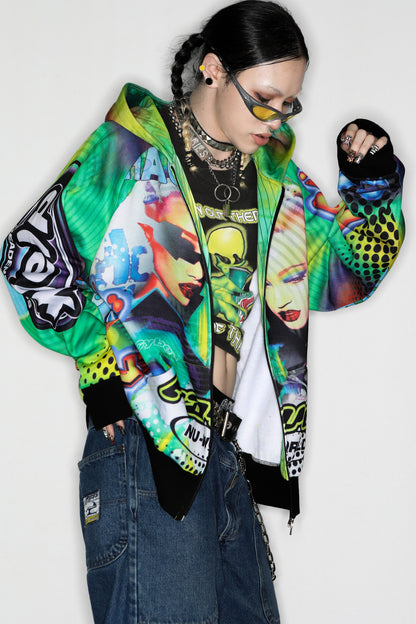 Y2K Alien Rave Print Hooded Jacket
