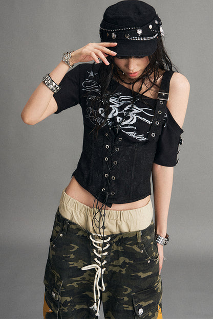 Patchwork Off-Shoulder Graffiti Print T-Shirt