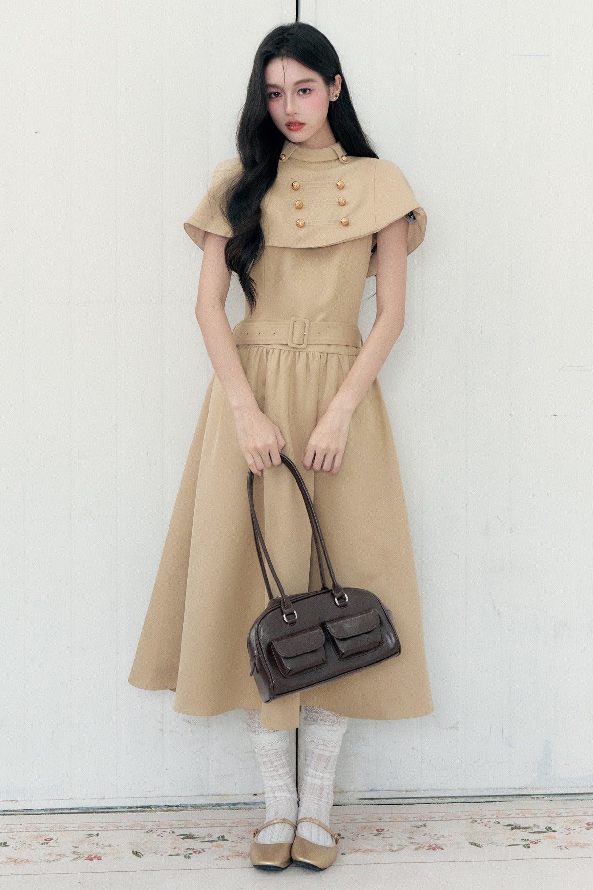 Apricot Napoleon-Cape-Kleid-Set-Up