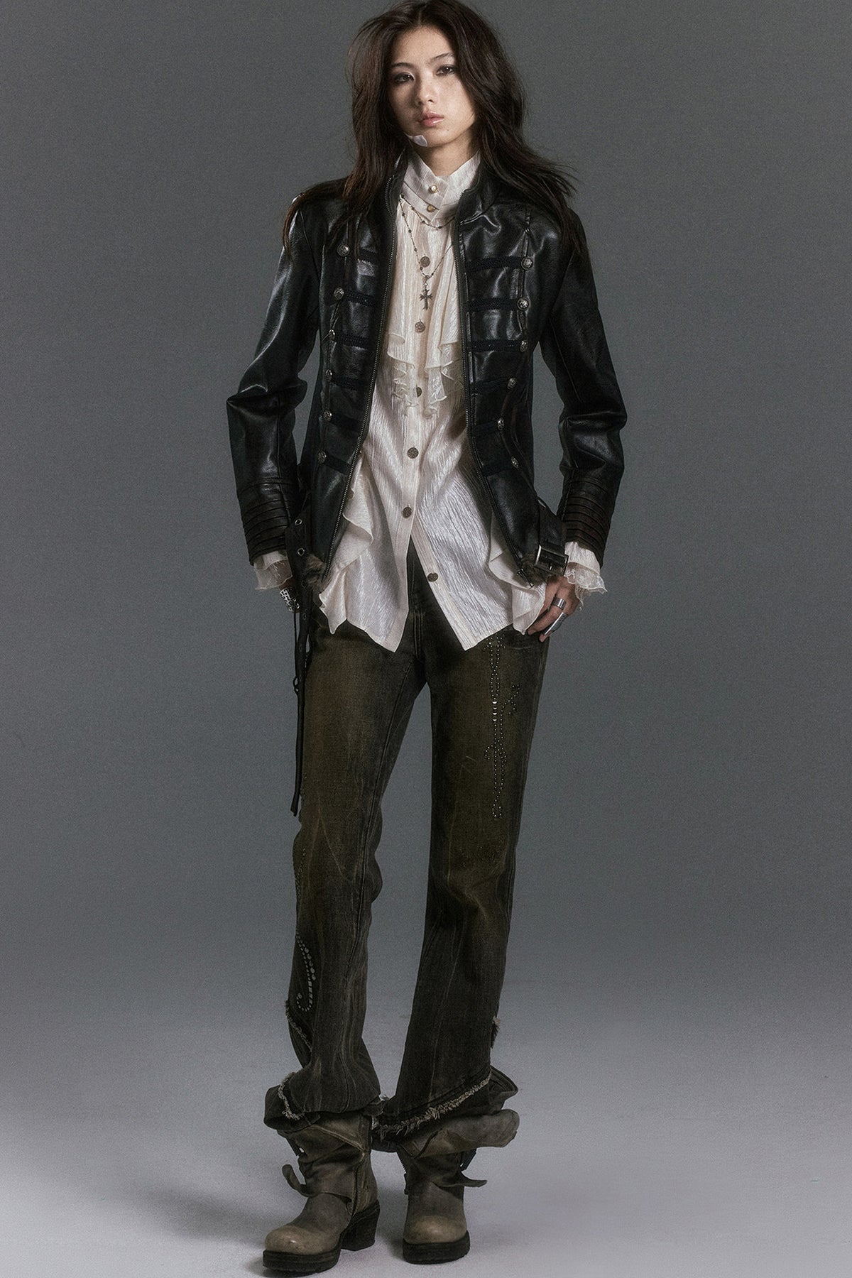 High Collar Ruffle Acetate Shirt