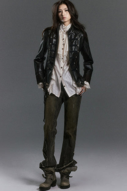 High Collar Ruffle Acetate Shirt