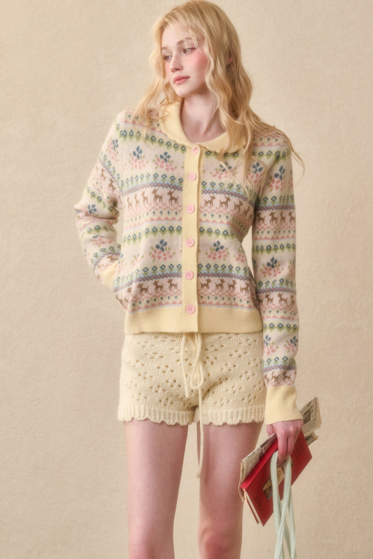 Reindeer Fair Isle Lace Trim Cardigan Top
