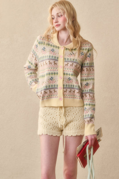 Reindeer Fair Isle Lace Trim Cardigan Top