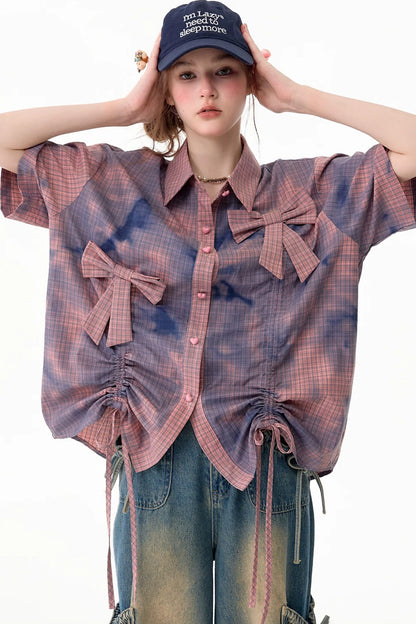 Chemise à manches courtes à carreaux roses avec nœud et cordon de serrage