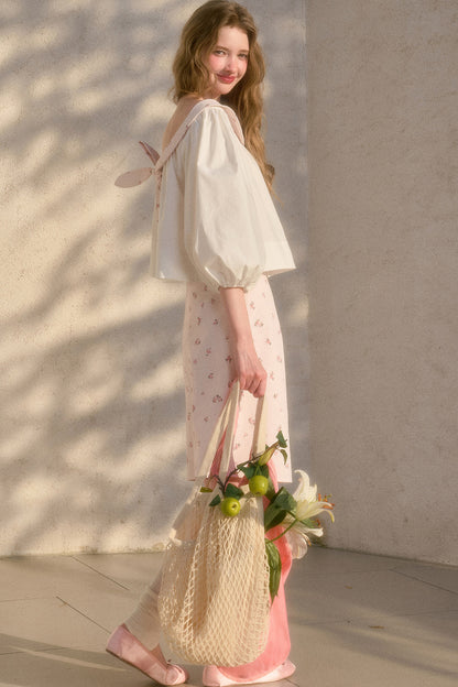 Floral Puff Sleeve Shirt and Skirt Set-Up
